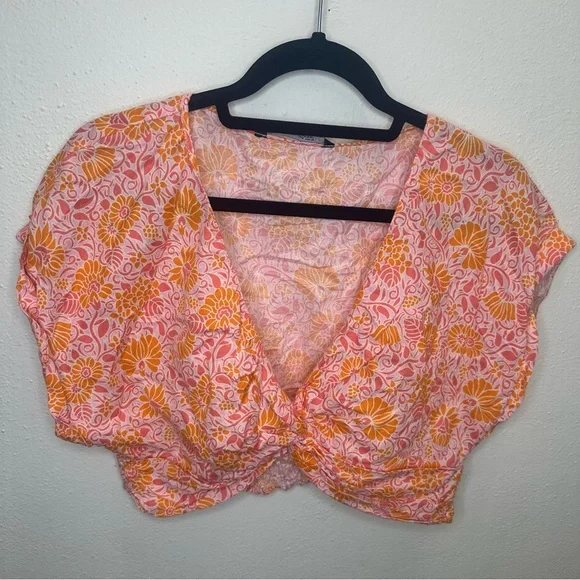 Zara Orange & Pink Printed Oversized Crop Top Size Large - Picture 2 of 15